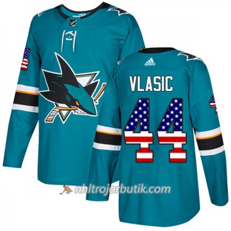 Män Ishockey San Jose Sharks Tröja Marc-Edouard Vlasic 44 Adidas 2017-2018 Teal USA Flag Fashion Authentic